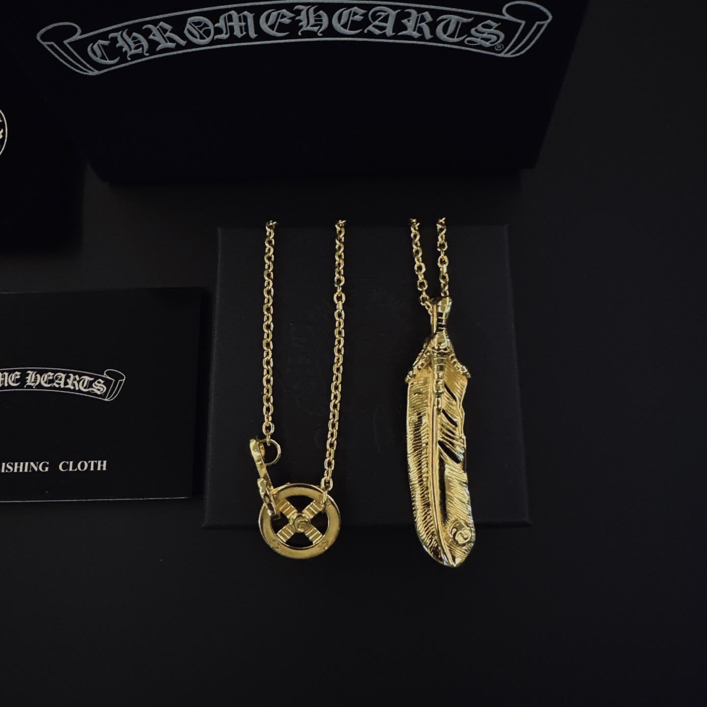 Chrome Hearts Gold Feather and Cross Pendant Necklace